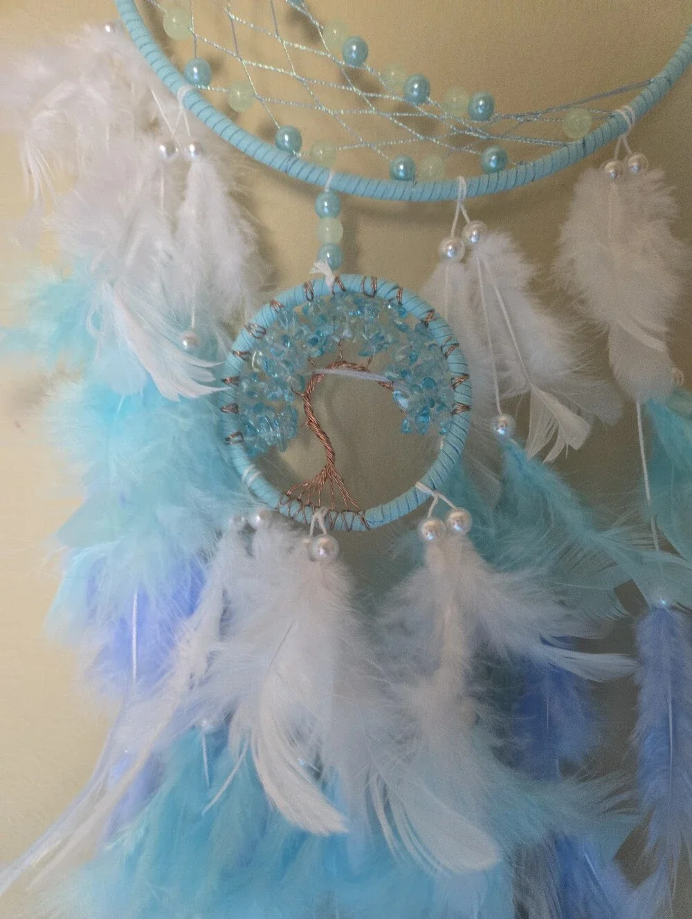 Handmade Crescent Moon Dreamcatcher with Blue Feathers – Boho Wall Decor Decor01